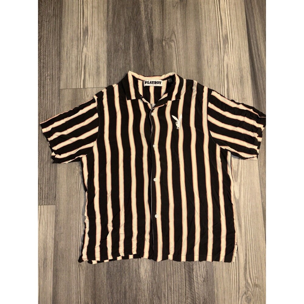 PLAYBOY BY PACSUN MEN'S STRIPED CAMP SHIRT Y2K EMBROIDERED BUNNY LOGO SIZE L